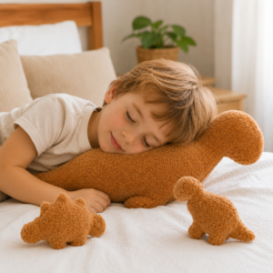 Enfant dormant paisiblement en utilisant une grande peluche dinosaure comme oreiller, avec deux petites peluches sur le lit.