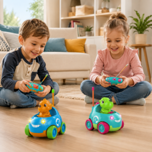 Enfants jouant avec la voiture dinosaure rc dans le salon