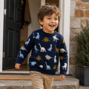 Enfant joyeux à la porte, chandail de dinosaures