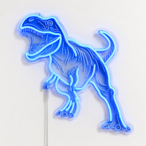 Lampe néon bleue dinosaure T-Rex LED USB allumée sur un mur de chambre d'enfant