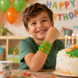 Enfant portant des bracelets dinosaures à son anniversaire