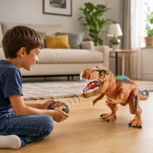 enfant pilotant la voiture t-rex telecommande dans la maison