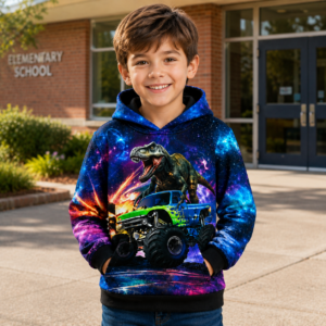 Garçon portant un sweat dinosaure devant son école.