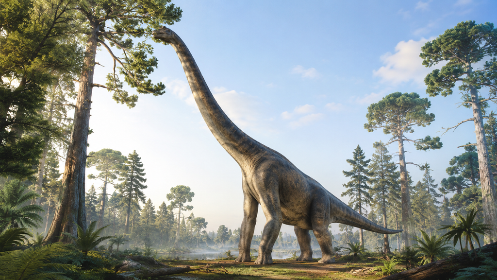 Brachiosaure herbivore au très long cou mangeant les feuilles d’un arbre.