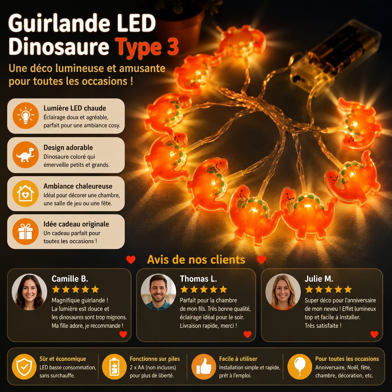 Guirlande LED dinosaures lumineuse