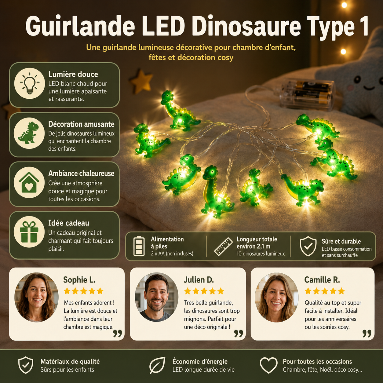 Guirlande LED dinosaures pour chambre cosy