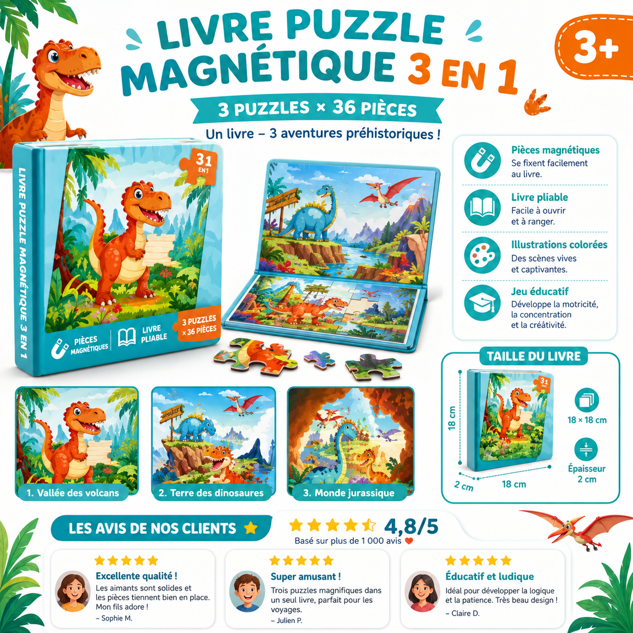 Livre puzzle magnétique 3 en 1 dinosaures