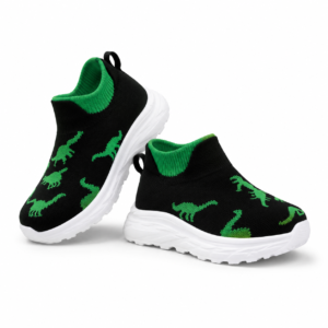 Motif dinosaure vert, noir et blanc sur chaussons école sortie maternelle