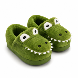 Pantoufles dinosaures vertes armée en peluche pour enfants