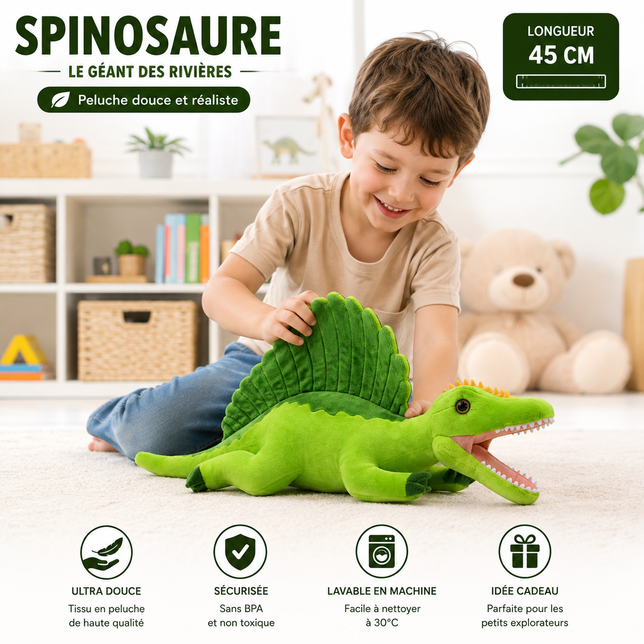 Enfant jouant avec une Peluche Spinosaure verte de 45 cm dans une chambre d'enfant