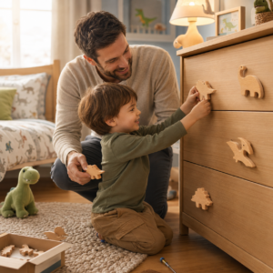 Père et enfant installant des poignées dinosaure en bois sur une commode.