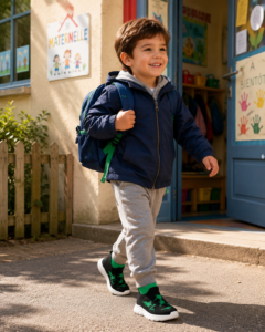 Enfant sortant de la maternelle portant des chaussons dinosaure noirs et verts.
