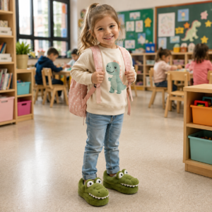 Petite exploratrice en pantoufles dino à la maternelle