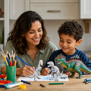 Un enfant et sa maman partageant une activité peinture avec le kit de coloriage dinosaure