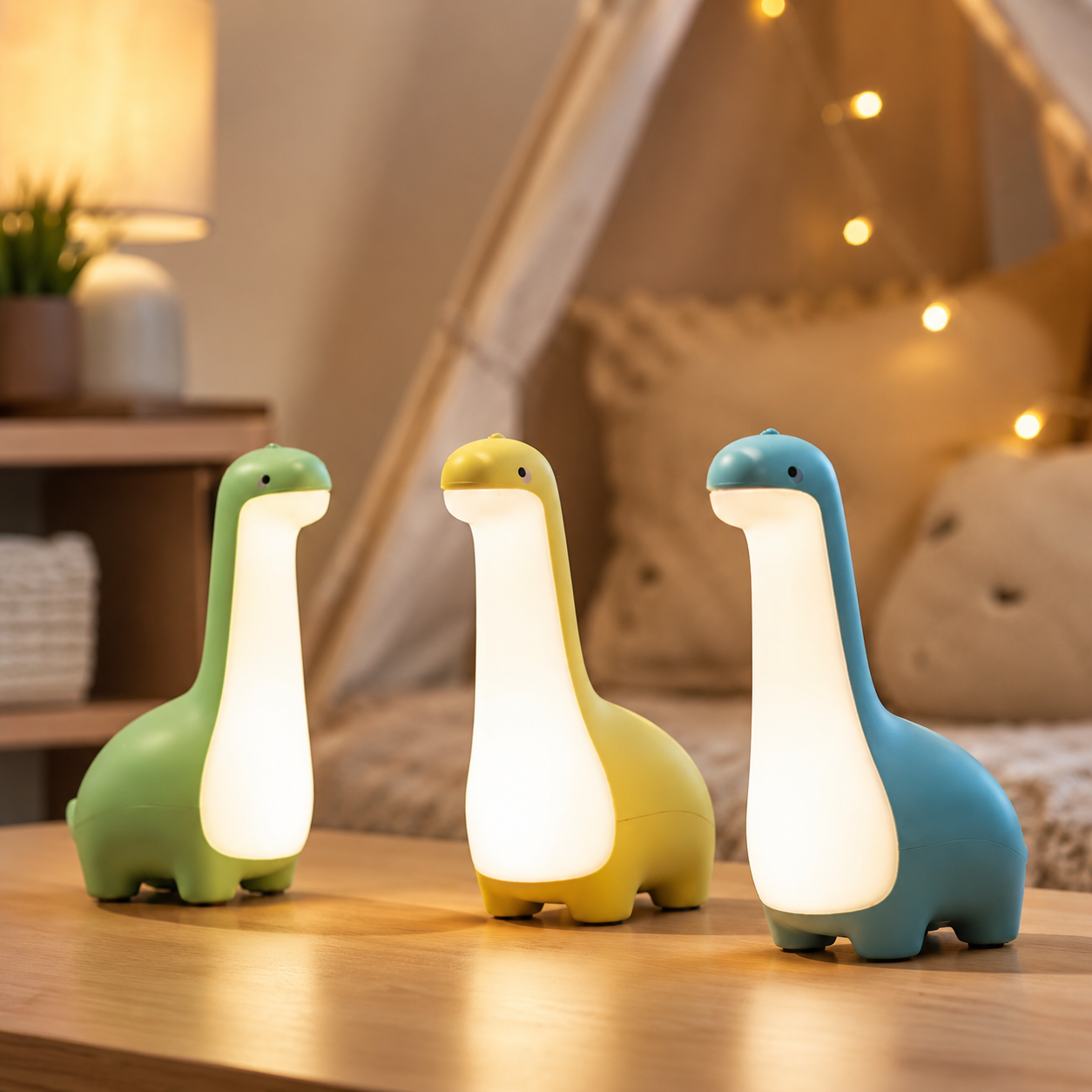 Veilleuse dinosaures dans une chambre douillette