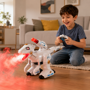 Enfant commandant le dinosaure rc robot dans le salon