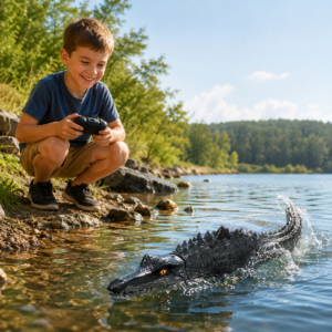 Un enfant pilotant le bateau dinosaure télécommandé au bord du lac