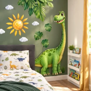 Sticker mural dinosaure réaliste pour chambre d’enfant.