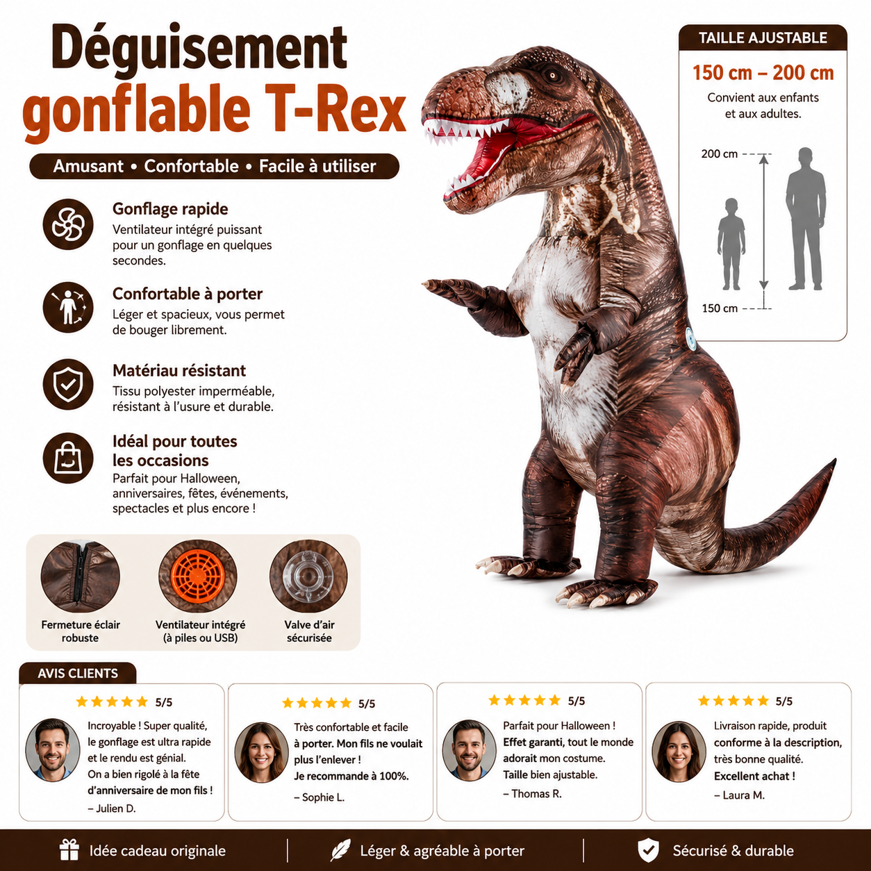 Déguisement T-Rex gonflable amusant et confortable