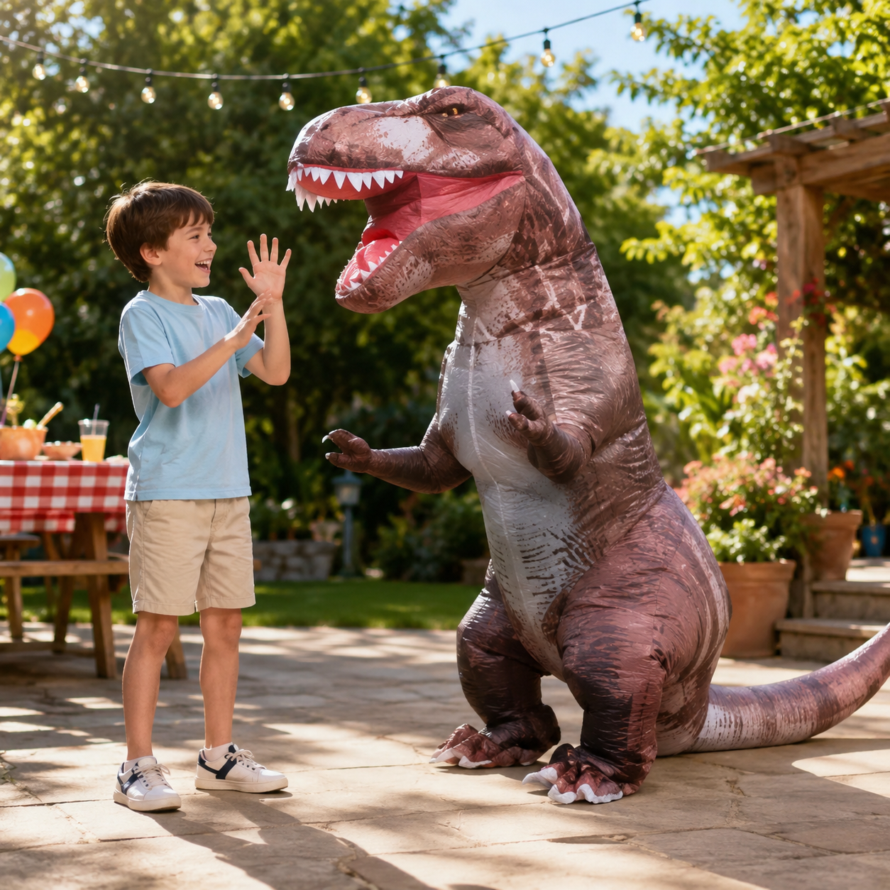 Fête au jardin avec déguisement dinosaure gonflable
