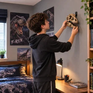 Adolescent installant un crâne T-Rex mural dans sa chambre