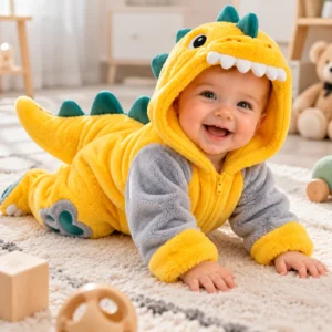 Enfant jouant au sol vêtu d'une barboteuse dinosaure en tissu peluche