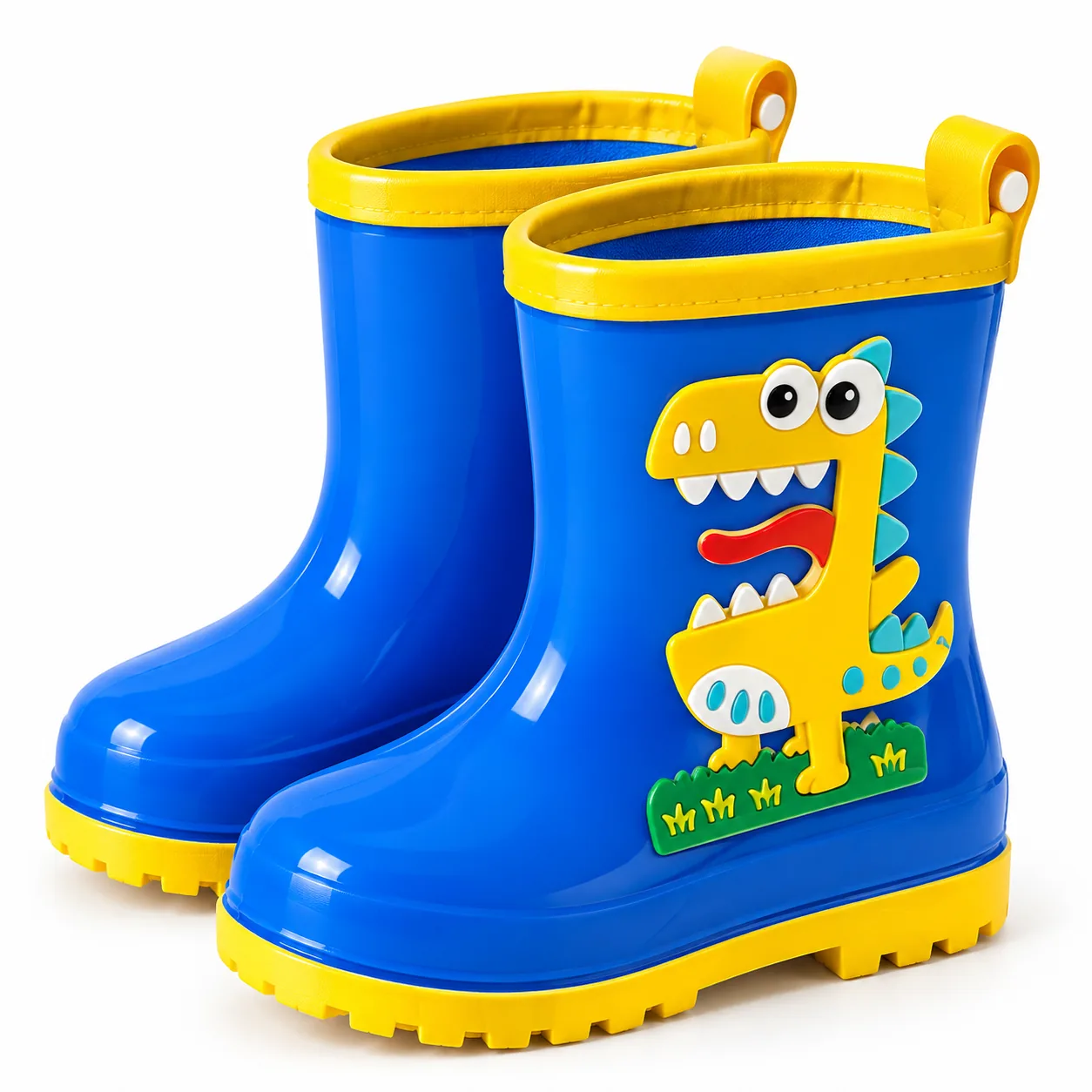 bottes de pluie impermeables a motif dinosaure bleu et jaune