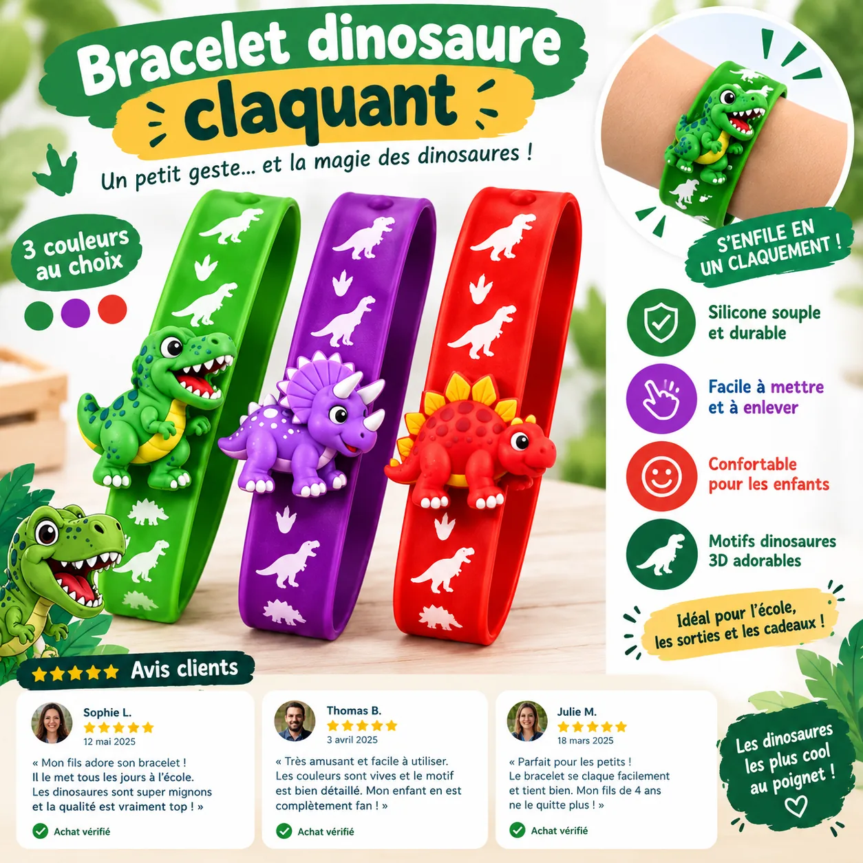 Lot de bracelets dinosaures claquants colorés pour fête d'anniversaire.