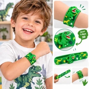 Bracelet dinosaure enfant claquant en silicone vert avec motif T-Rex 3D