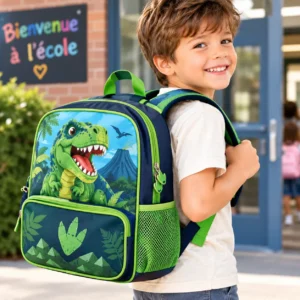 Enfant portant un cartable dinosaure vert pour l’école