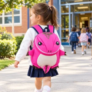 Petite fille portant le cartable dinosaure maternelle pas cher pour la rentrée.