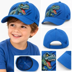 Casquette enfant dinosaure bleue avec visière recourbée et motif T-Rex
