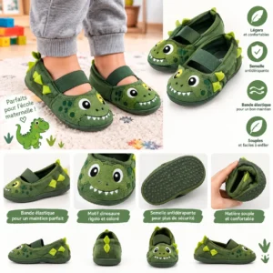 Chausson dinosaure souple ecole maternelle antidérapant avec bande élastique pour enfant