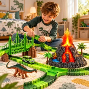 enfant jouant joyeusement avec son jeu de circuit de dinosaures a assembler