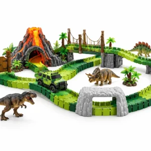 circuit de dinosaures a assembler avec simulation de volcan et vapeur froide