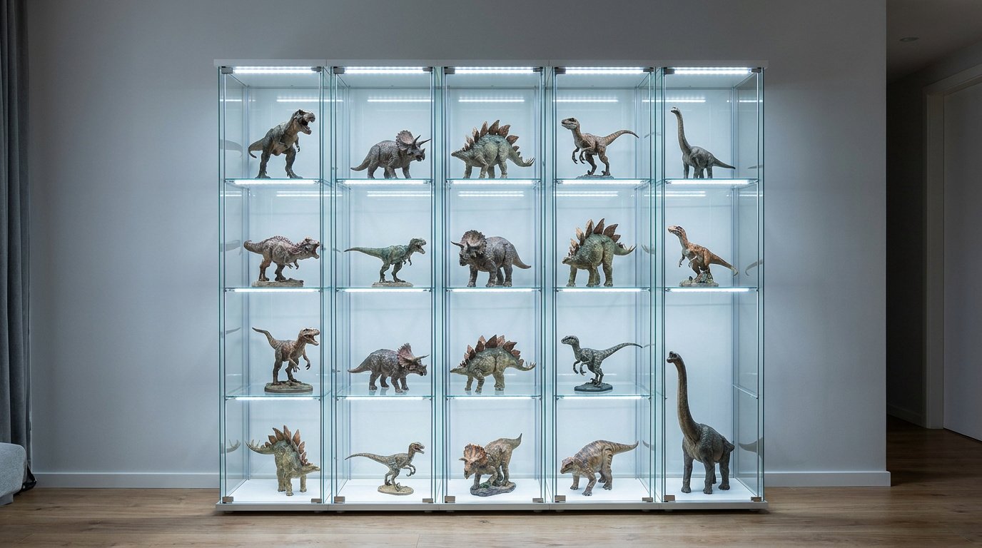 Une vitrine en verre éclairée par LED exposant une collection de figurines de dinosaures détaillées.