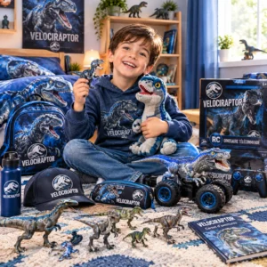 Enfant entouré d’une collection de jouets Velociraptor.