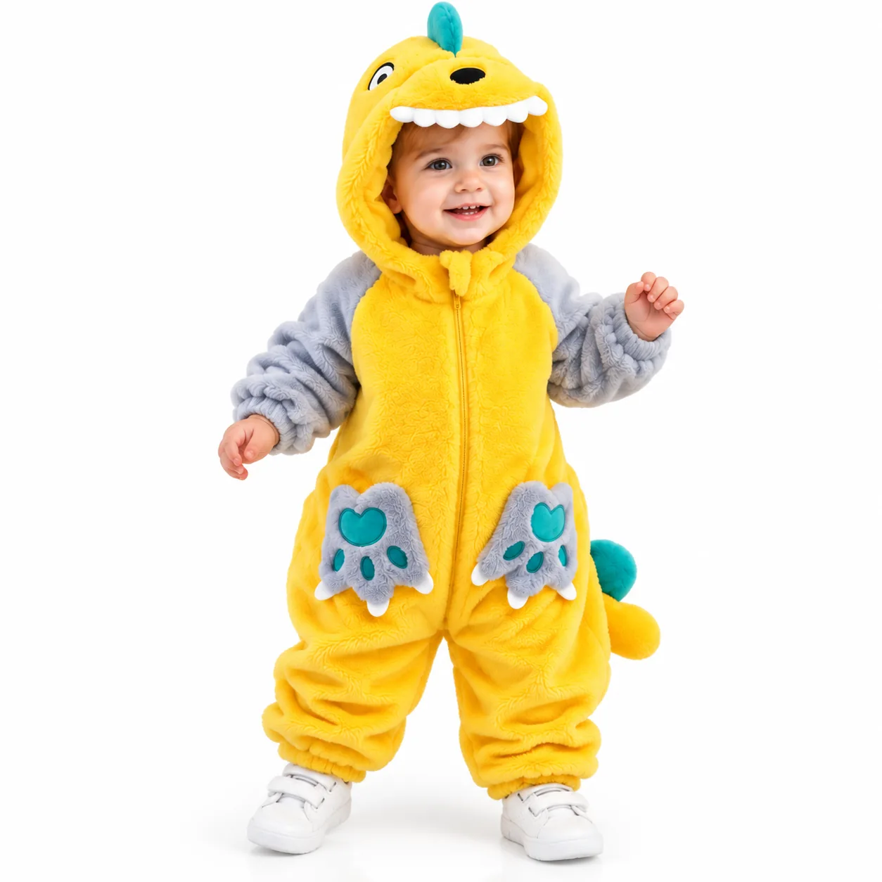 Combinaison pyjama dinosaure bébé en peluche douce couleur gris jaune avec capuche