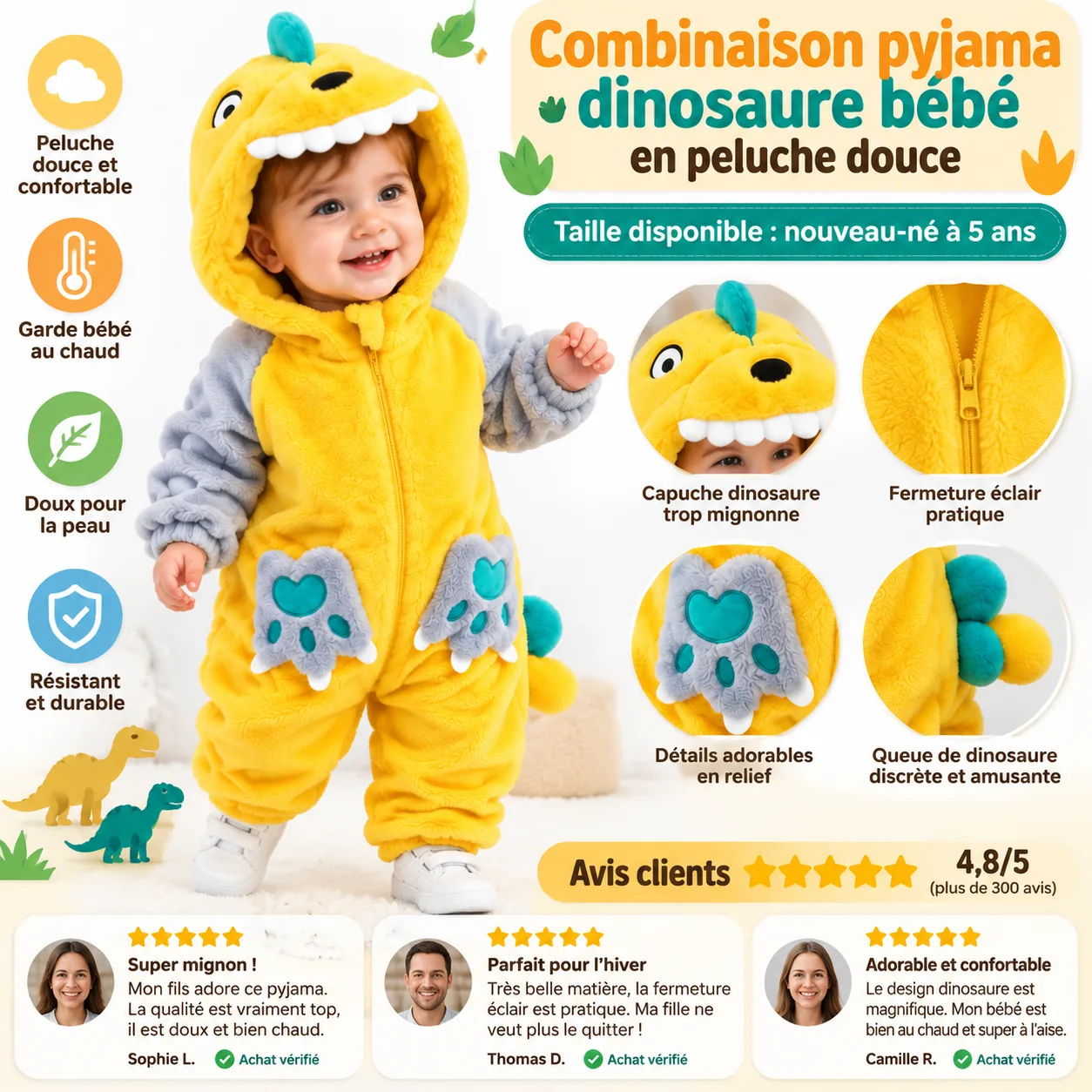 Combinaison pyjama dinosaure bébé en peluche douce jaune et grise