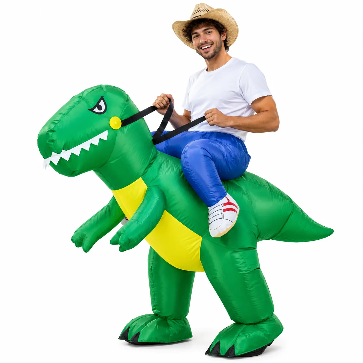 Costume halloween dinosaure gonflable utilisé pour une performance comique à vélo.