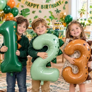 Ballon chiffre dinosaure 81 cm bleu et vert pour fête de 2 garçons et une fille.