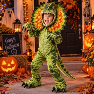 enfant portant le deguisement dinosaure dilophosaurus pour fete d anniversaire