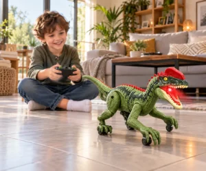 enfant pilotant un mini dinosaure telecommande dans un salon sur du carrelage