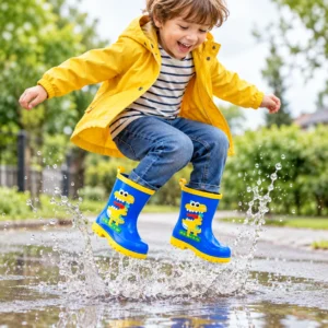 Enfant sautant dans une flaque d'eau avec des bottes de pluie dinosaure