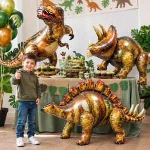 Enfant devant un buffet décoré avec trois ballons dinosaures gonflables réalistes.