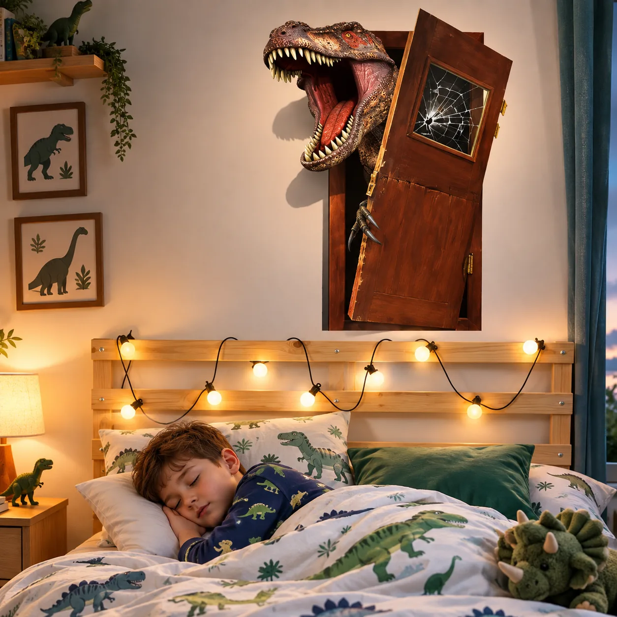 Enfant dormant dans une chambre décorée sur le thème des dinosaures.