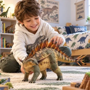 figurine dinosaure kentrosaure prise en main par un enfant