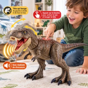enfant jouant avec la figurine tete qui bouge dinosaure t-rex sonore