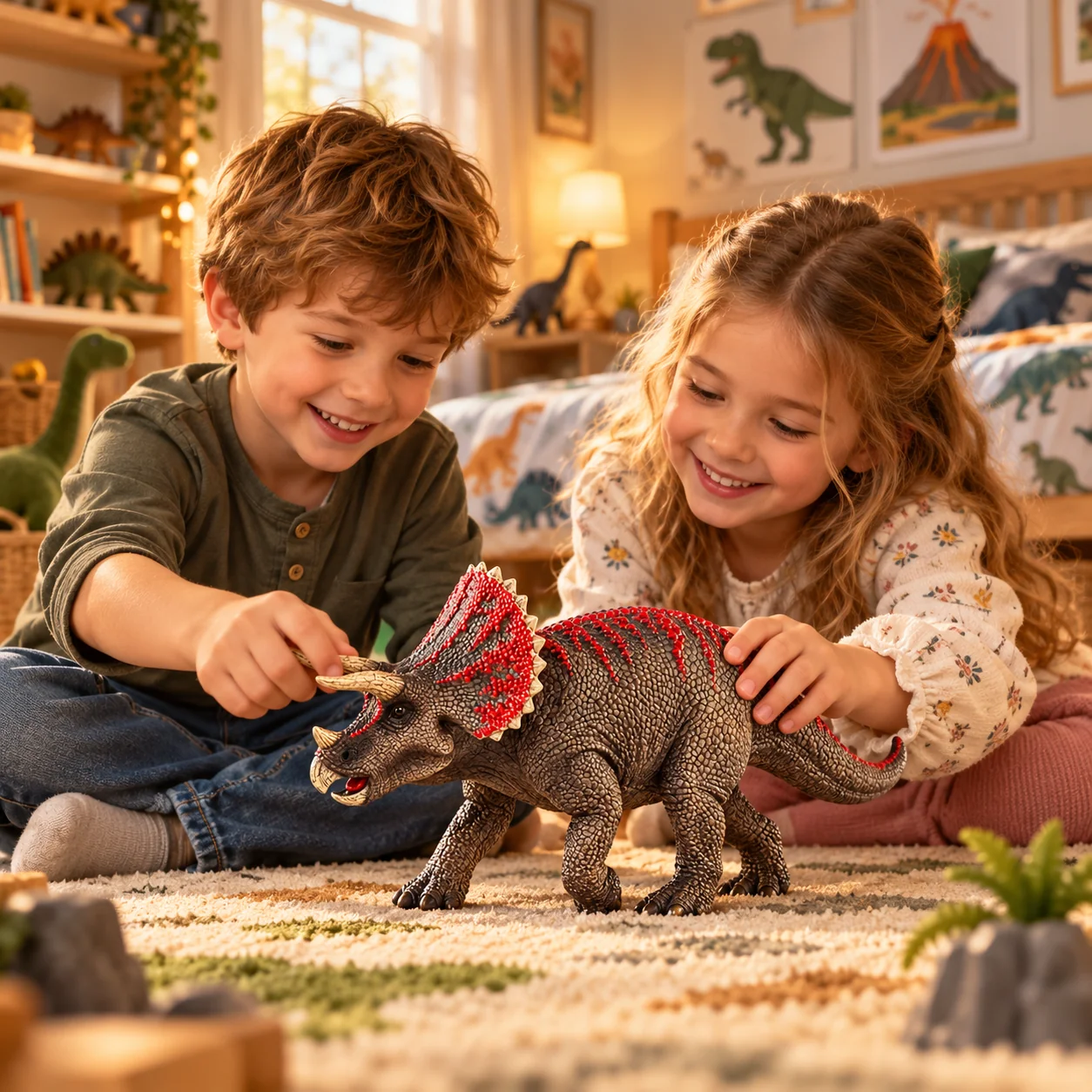 Un enfant et une fillette jouent avec une figurine Tricératops réaliste dans leur chambre.