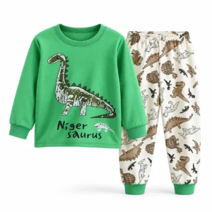 Ensemble pyjama dinosaure enfant vert et pantalon imprimé dinosaures sur fond blanc